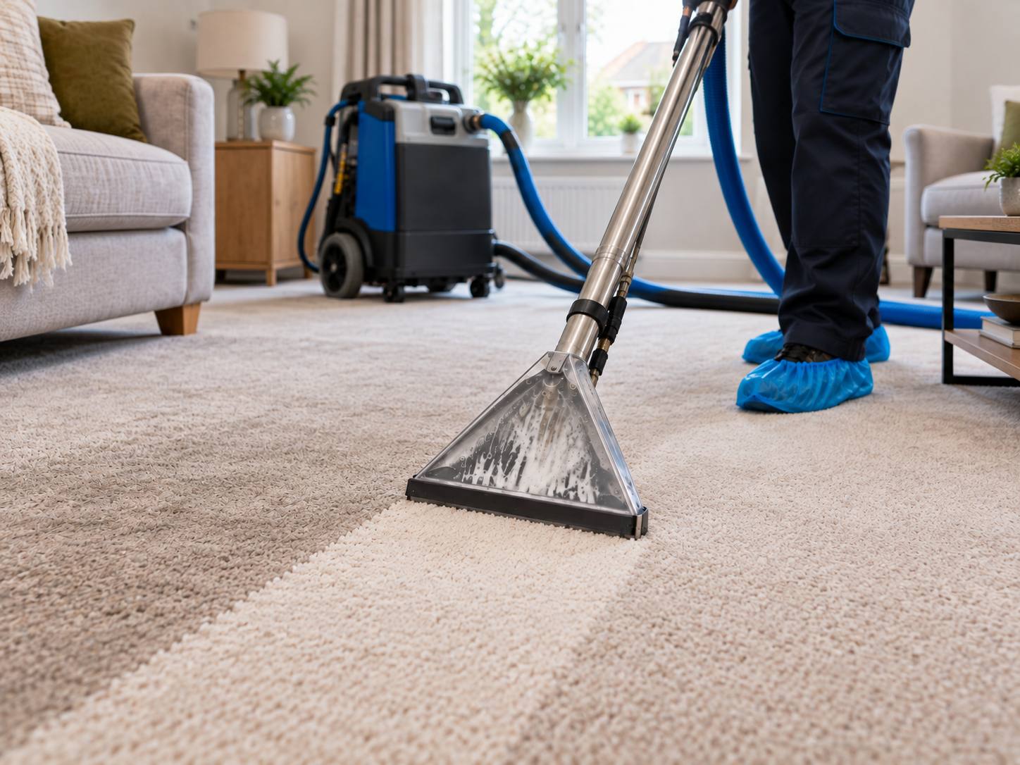 A carpet being cleaned in a bright living room, with a clean stripe showing through the dirt