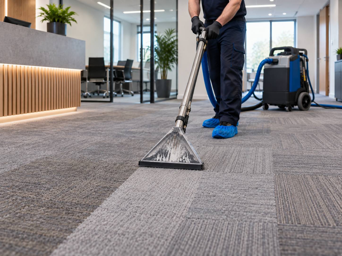 Grey carpet tiles being cleaned in a modern office reception