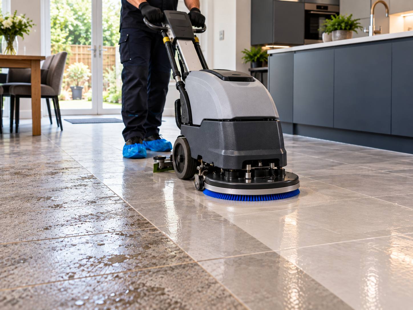 A rotary machine cleaning grey kitchen floor tiles, with the cleaned area shining