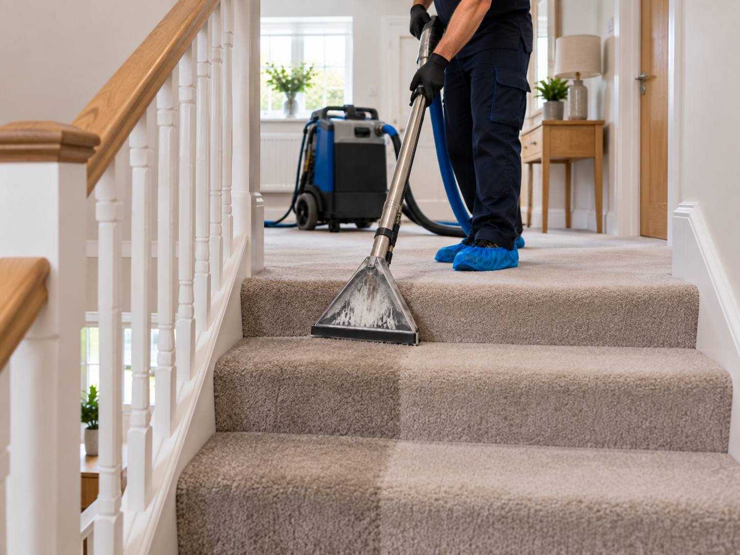 A carpeted staircase being cleaned step by step, with cleaned treads looking lighter